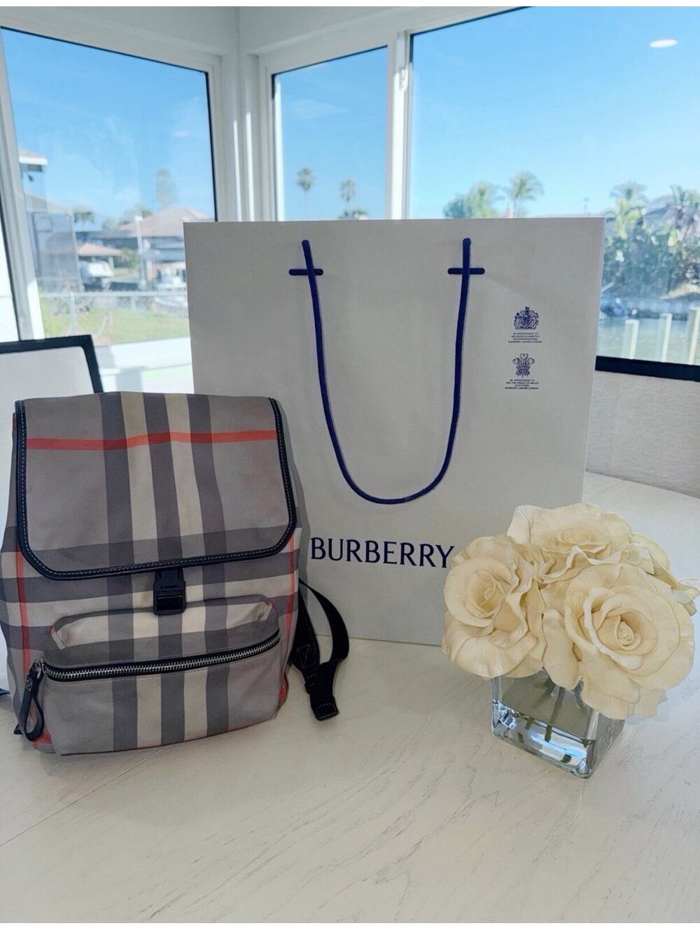 Burberry backpack purse leather and polyester orange grey plaid